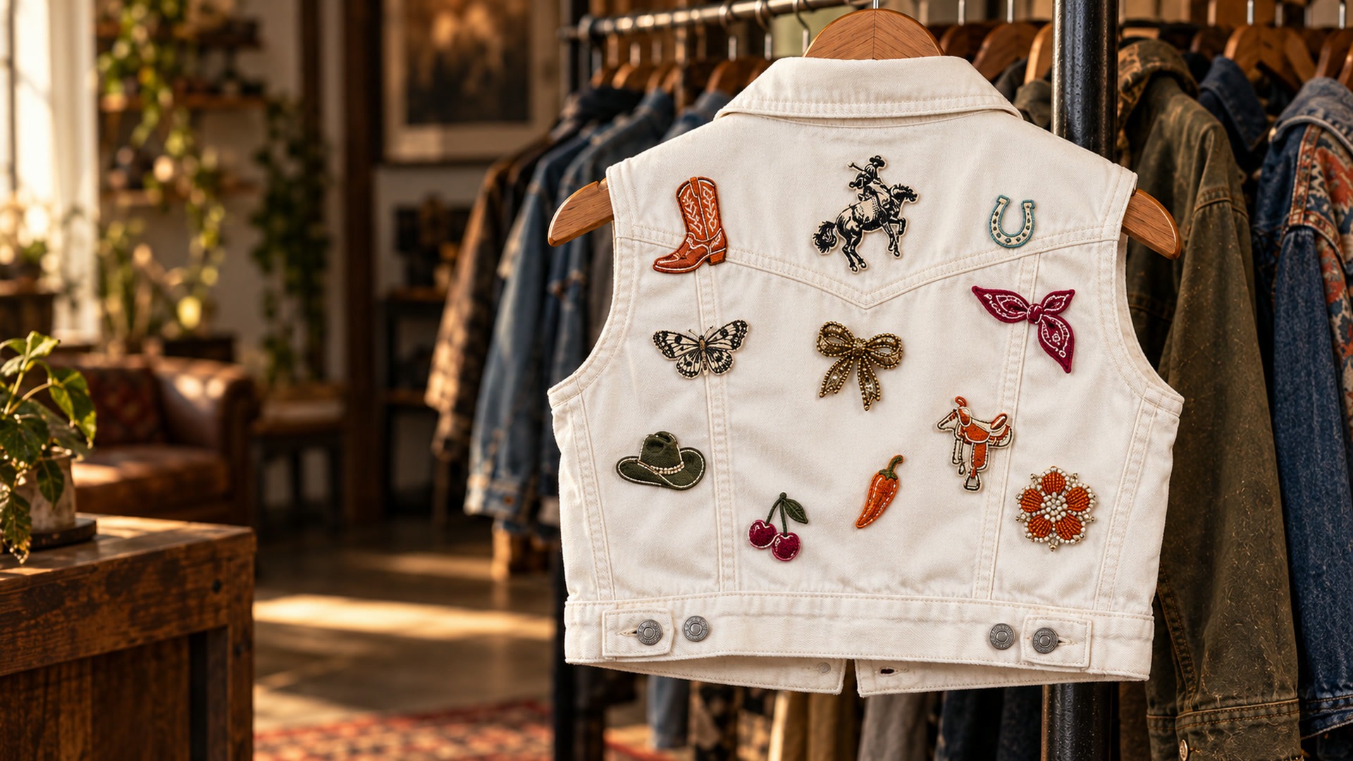 Shop One-of-One Custom Jackets | Mac in Color White denim one-of-one vest with small Western-inspired patches displayed in a vintage boutique