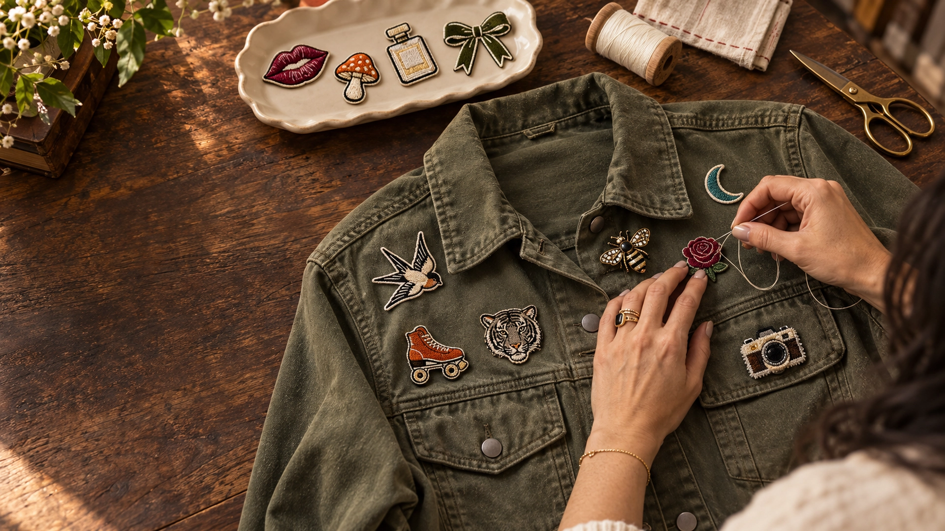 Create Your Custom Jacket | Mac in Color Hands sewing a raspberry rose patch onto a vintage olive custom jacket for Mac in Color