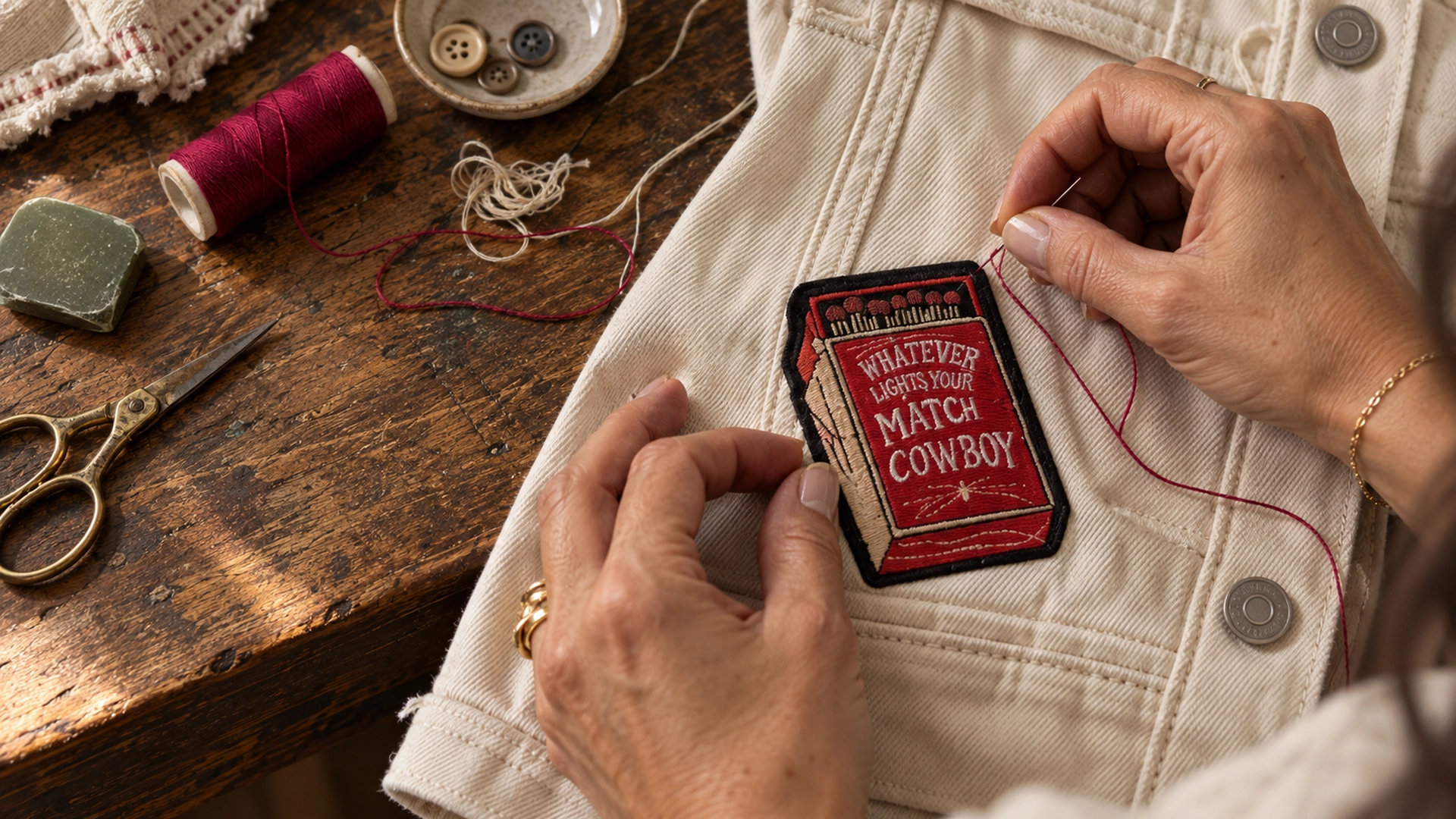 Our Handmade Story | Mac in Color Hands sewing a raspberry rose patch onto a vintage olive custom jacket for Mac in Color